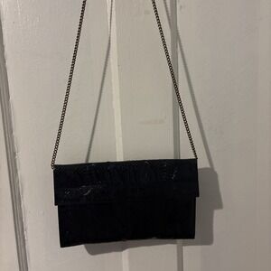Vintage Black Mary Ann Rosenfeld‎ Snake Leather Purse Clutch Shoulder Bag Chain